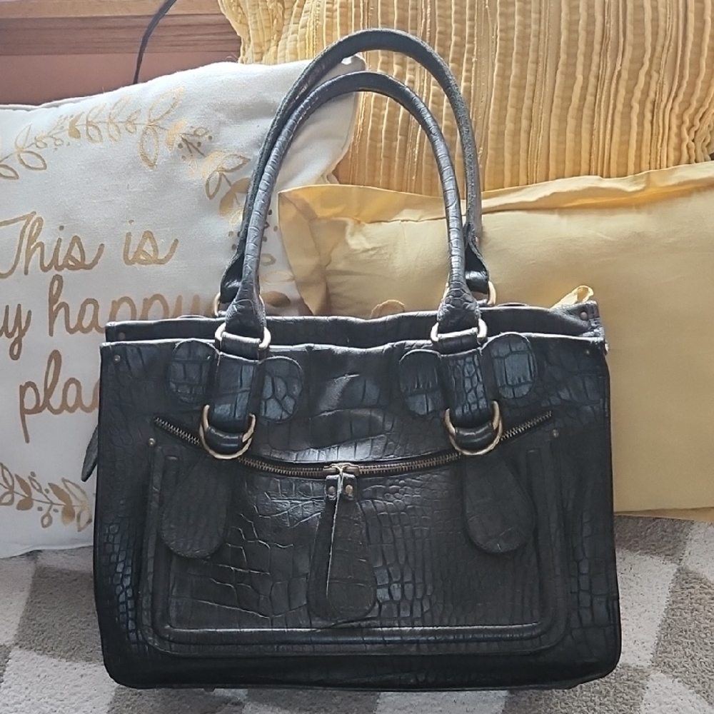 Arcadia Black Crocodile-Embossed Shoulder Bag